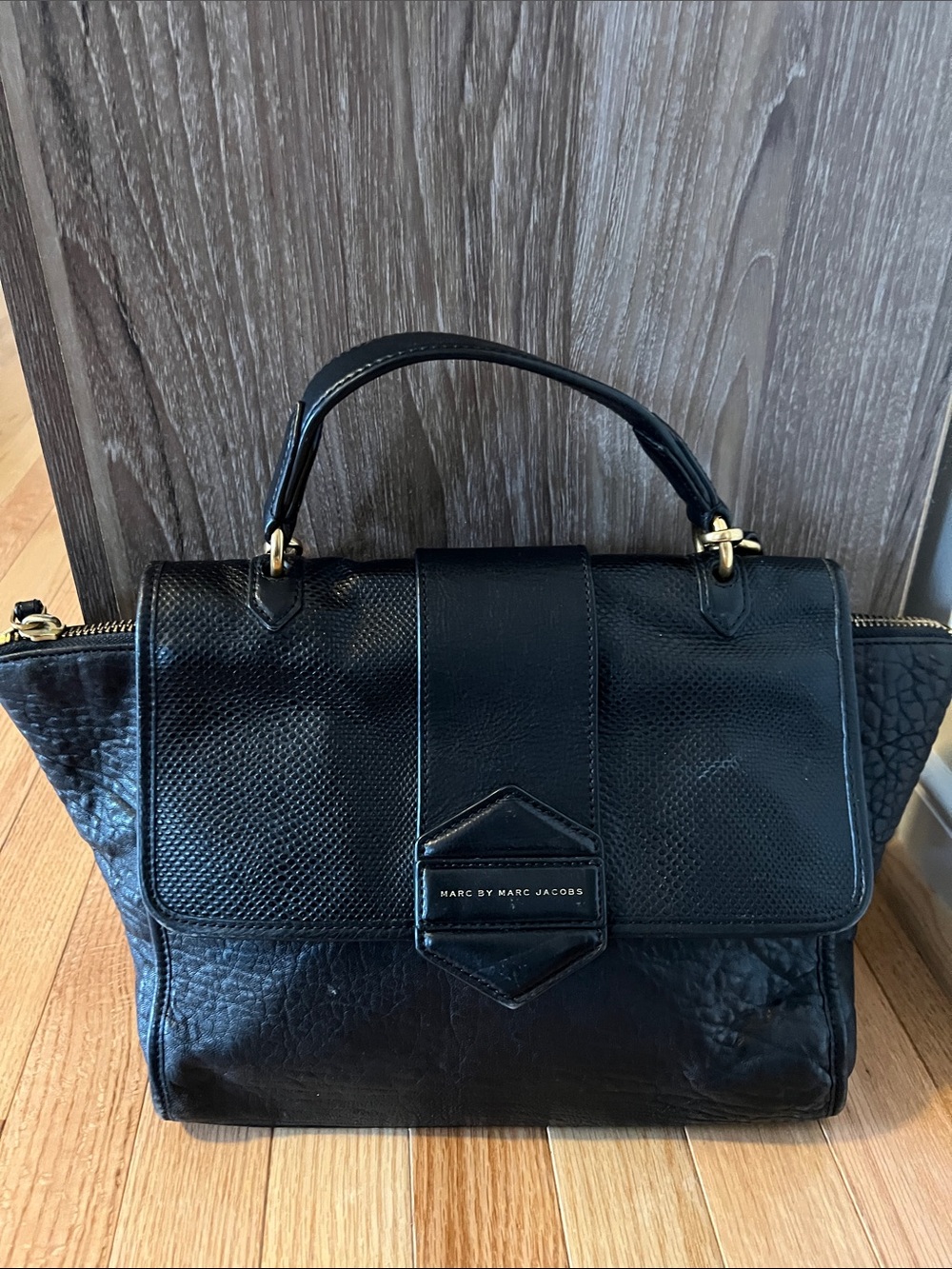 Marc by Marc Jacobs Black Leather Top-Handle Satchel with Gold Hardware